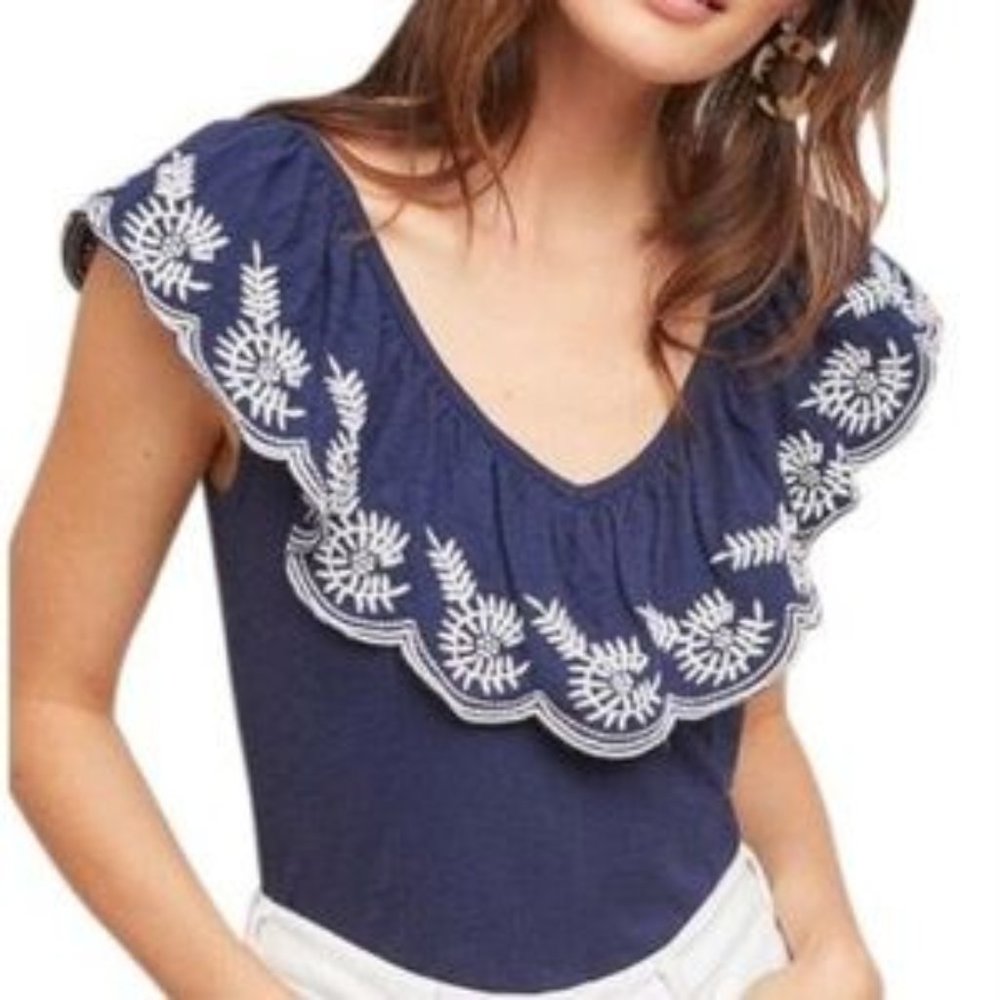 Anthropologie Moulinette Soeurs Navy Embroidered Ruffle Top